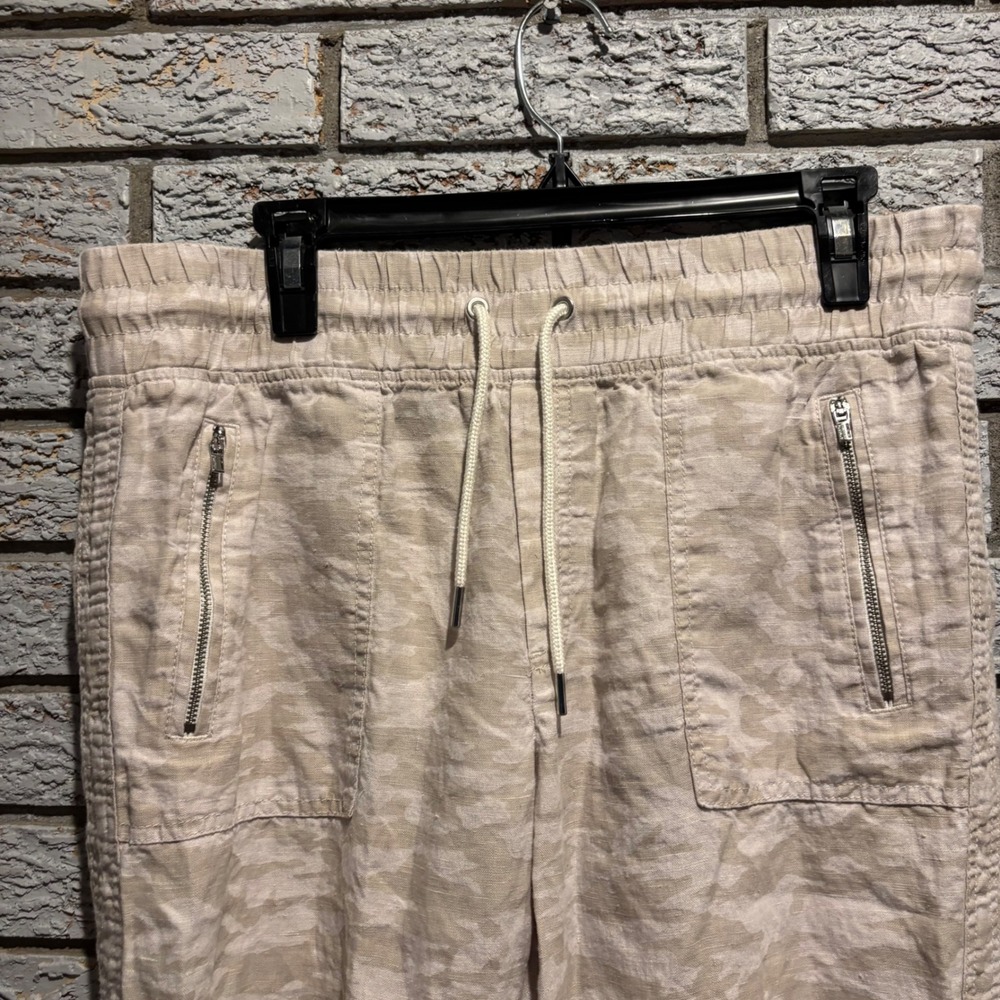 Athleta Cabo Tide Linen Jogger Pants Beige Camo Size 12 Drawstring Casual Travel - Picture 3 of 5